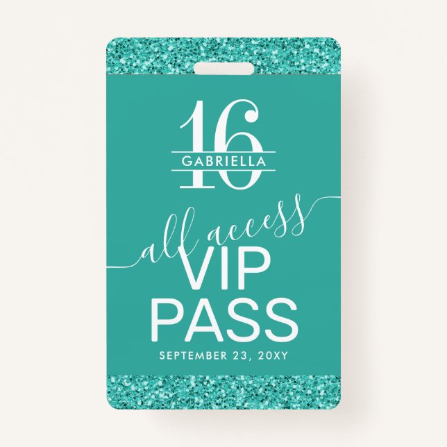 Teal Turquoise Sweet 16 Invitation VIP Pass Badge (Front)