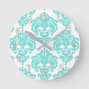 Teal Turquoise & White Damask Modern Personalized Round Clock