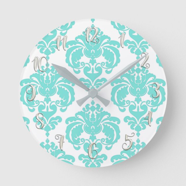 Teal Turquoise & White Damask Modern Personalized Round Clock (Front)