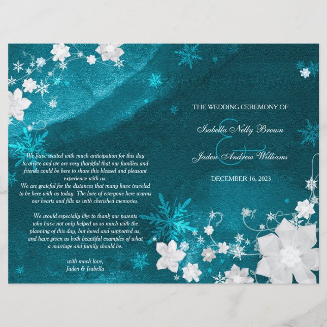 Teal Turquoise Winter Wedding Bi Fold Program (Front)