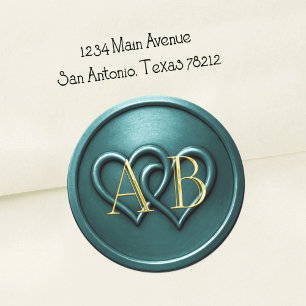 Teal Two Hearts Intertwined Monogram Wedding Classic Round Sticker