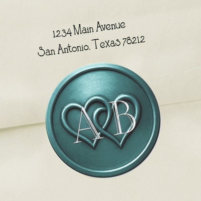 Teal Two Hearts Silver Monogram Wedding Classic Round Sticker (Creator Uploaded)
