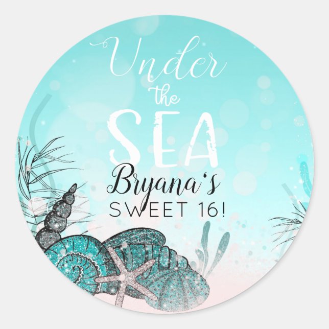 Teal Under the Sea Shells Beach Sweet 16 Party Classic Round Sticker (Front)