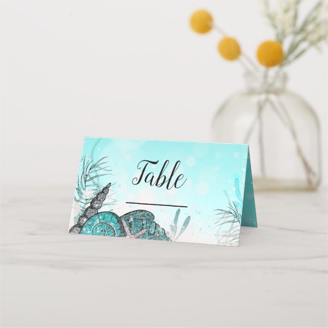 Teal Under the Sea Shells Beach Sweet 16 Party Place Card (Front)
