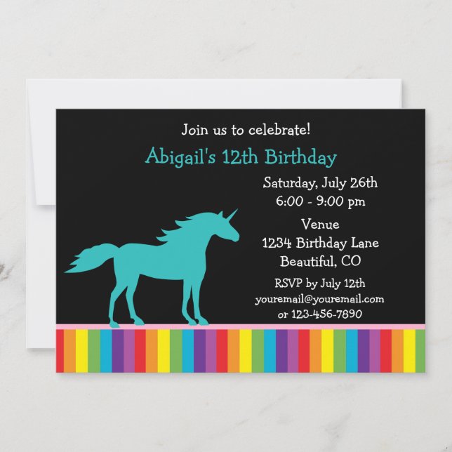 Teal Unicorn and Rainbow Girls Birthday Invitation (Front)