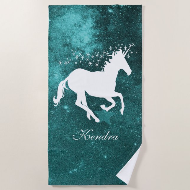 Teal Unicorn Personalized Beach Towel (Front)