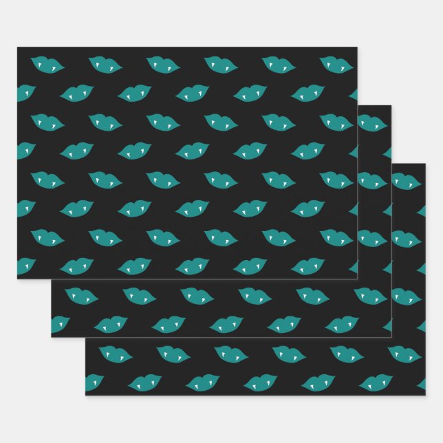 Teal Vampire Lips and Teeth on Black Wrapping Paper Sheet (Set)