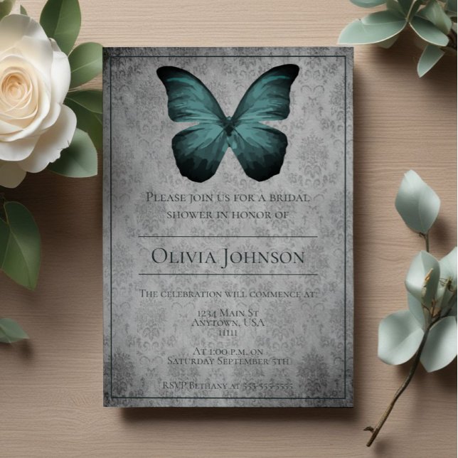 Teal Vintage Butterfly Damask Bridal Shower Invitation (Teal Vintage Butterfly Damask Bridal Shower Invitation)