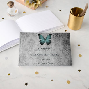 Teal Vintage Butterfly Damask Wedding Guest Book