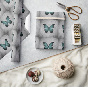 Teal Vintage Butterfly Damask Wrapping Paper