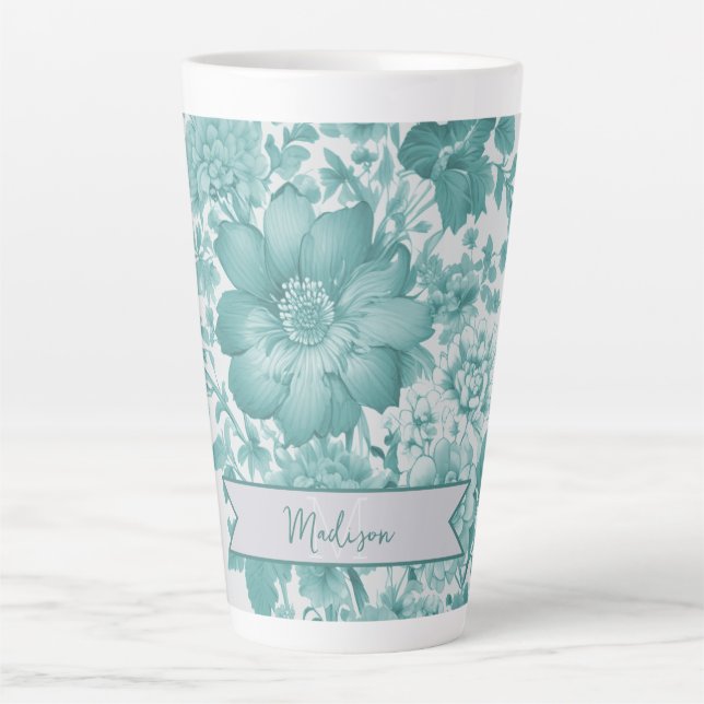 Teal Vintage Chinoiserie Floral Personalized Latte Mug (Front)