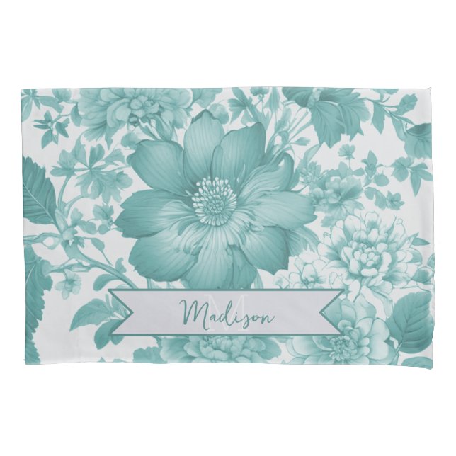 Teal Vintage Chinoiserie Floral Personalized Pillowcase (Front)