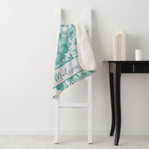 Teal Vintage Chinoiserie Floral Personalized Sherpa Blanket