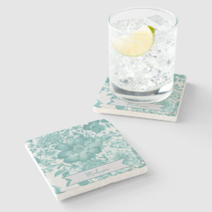 Teal Vintage Chinoiserie Floral Personalized Stone Coaster
