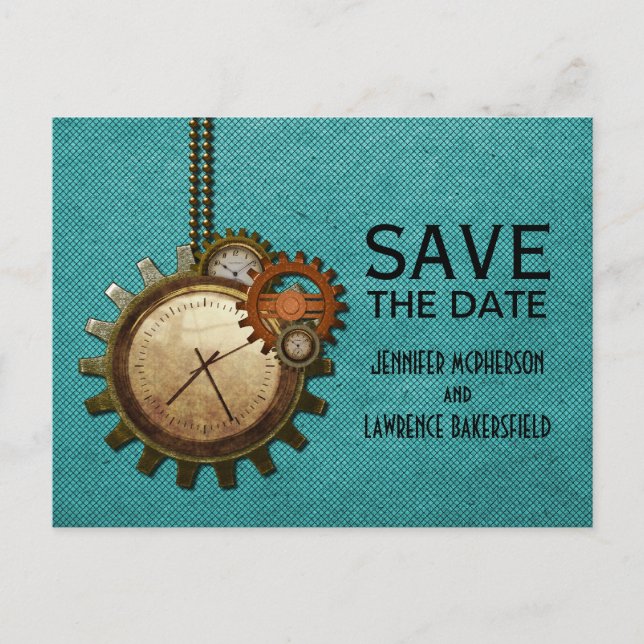 Teal Vintage Clock Save the Date Postcard (Front)
