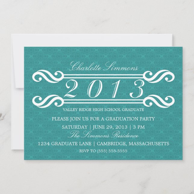 Teal Vintage Damask 2013 Graduation Invitation (Front)