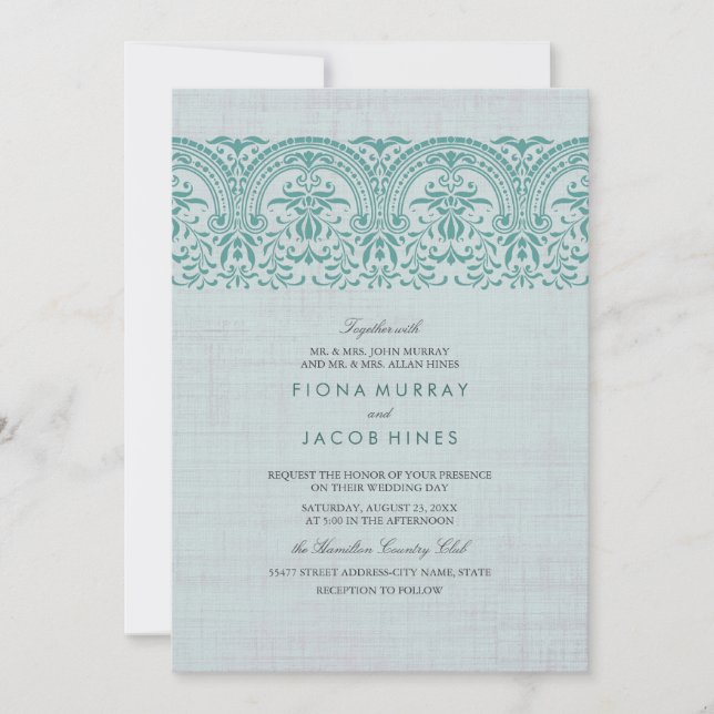 Teal Vintage Damask Wedding Invitation (Front)