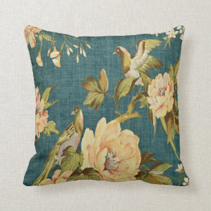 teal,vintage,floral,bird,victorian,wallpaper,patte throw pillow