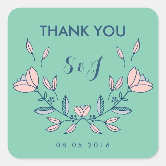 Teal Vintage Flower Wedding Thank You Sticker (Front)