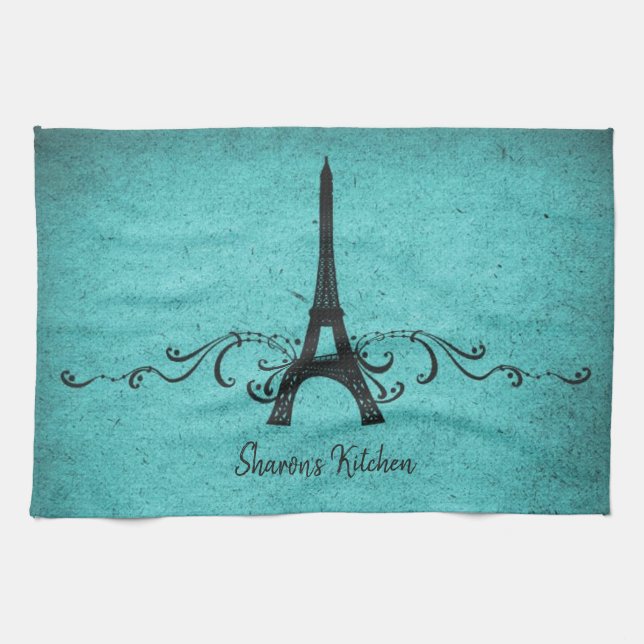 Teal Vintage French Flourish Kitchen Towel (Horizontal)
