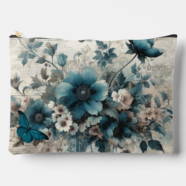 Teal Vintage Inspired Floral Cosmetic Pouch (Front)