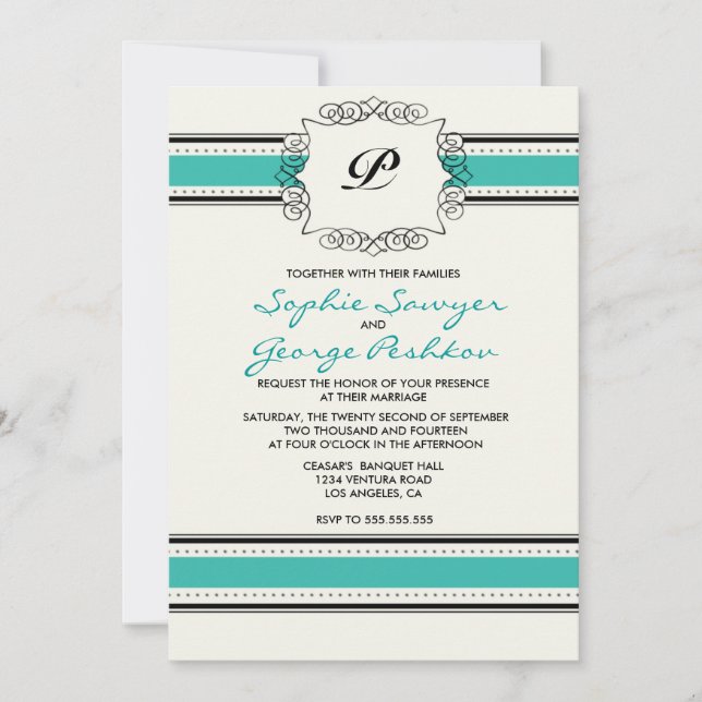 Teal Vintage Monogram Wedding Invitation (Front)