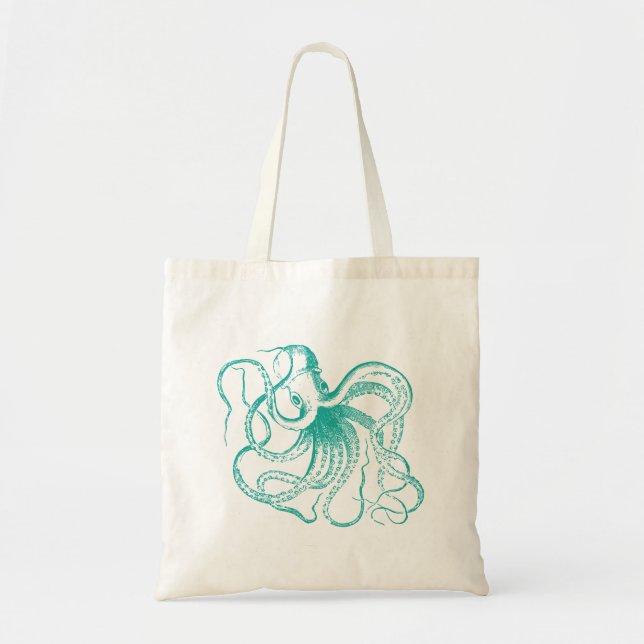 Teal Vintage Octopus Illustration Tote Bag (Front)