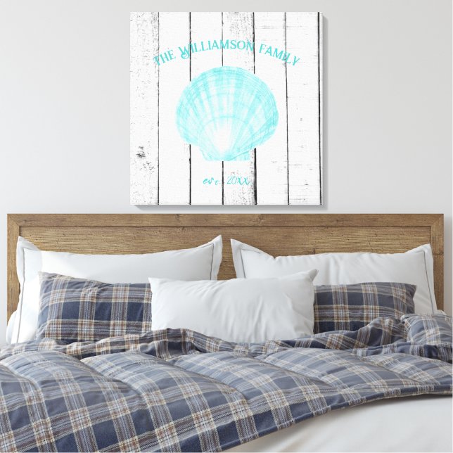 Teal Vintage Scallop Shell Canvas Print (Insitu(Bedroom))