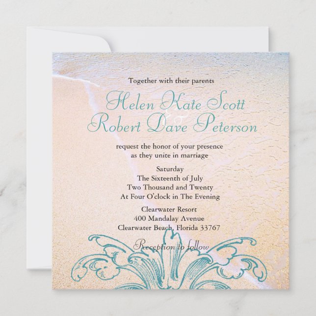 Teal Vintage Sea Shell Scroll Beach Wedding Invite (Front)