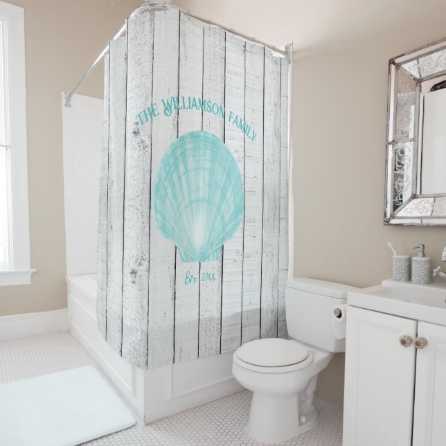 Teal Vintage Shell Shower Curtain (In Situ)