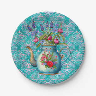 Teal Vintage Teapot Party Paper Plates