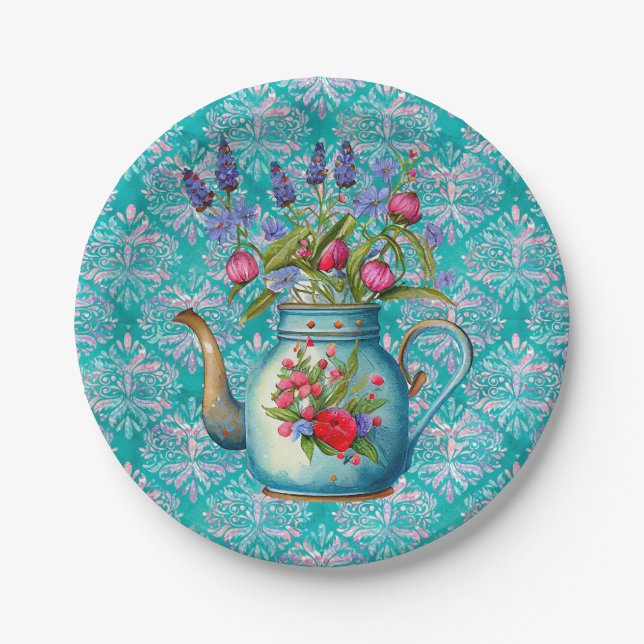 Teal Vintage Teapot Party Paper Plates (Front)