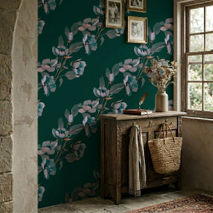Teal Vintage Watercolor Blue Flower Stripes Wallpaper