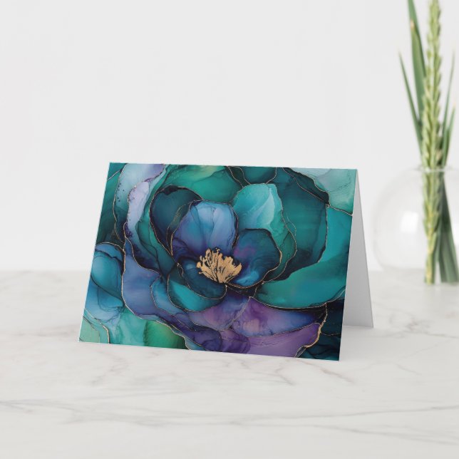 Teal & Violet Bloom Blank Greeting Card (Front)
