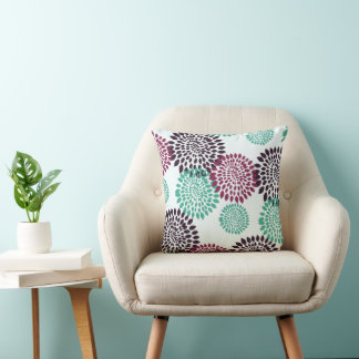 Teal Violet Purple Art Deco Mum Pattern Throw Pillow