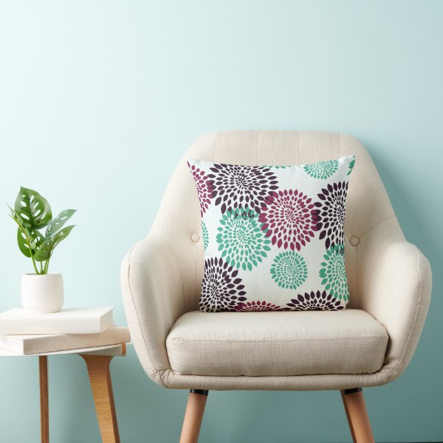 Teal Violet Purple Art Deco Mum Pattern Throw Pillow (Chair)