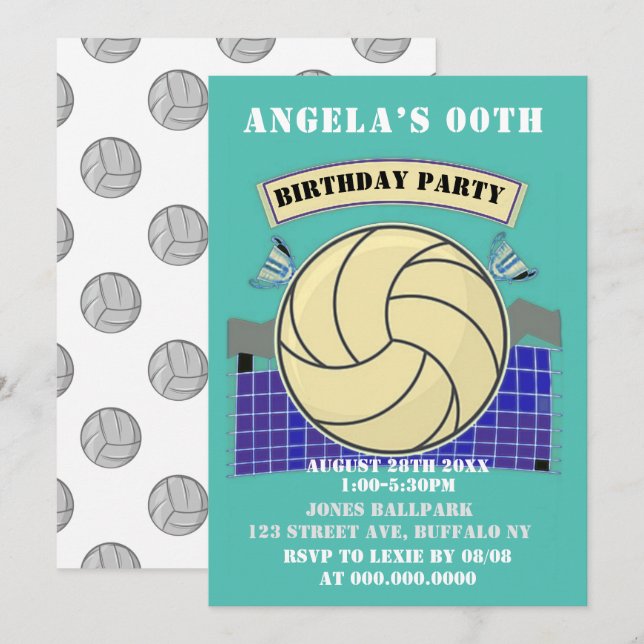 Teal Volleyball Birthday Party Invites (Front/Back)