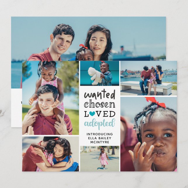 Teal Wanted Chosen Loved Adopted Photo Collage Announcement (Front/Back)