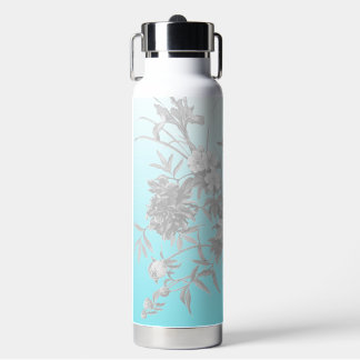 Teal Water Bottle with Name and Flowers