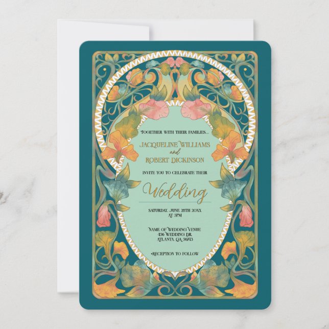 Teal Watercolor Art Nouveau Wedding Invitation (Front)