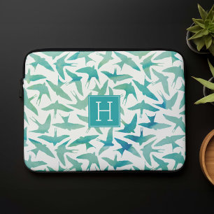 Teal Watercolor Birds Pattern Laptop Sleeve