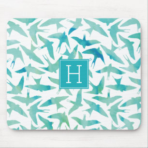 Teal Watercolor Birds Pattern Mouse Pad