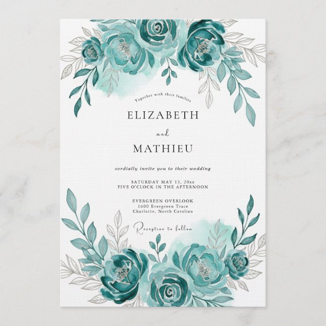 Teal Watercolor Bloom Romance Wedding Invitation (Front)
