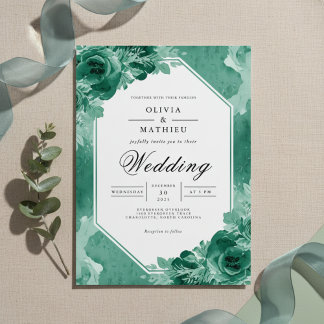 Teal Watercolor Bloom Wedding Invitation