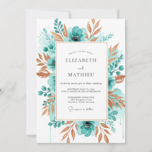 Teal Watercolor Blossom Wedding Invitation