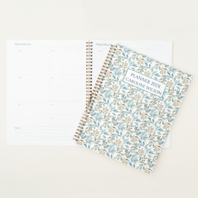 Teal Watercolor botanical Stylish Undated Blue Planner (Display)