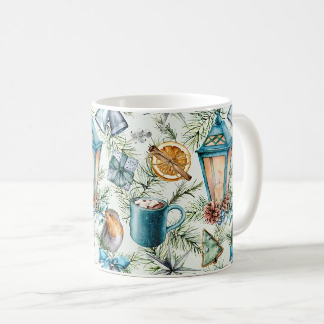 Teal Watercolor Christmas Elements Pattern Coffee Mug (Front Right)
