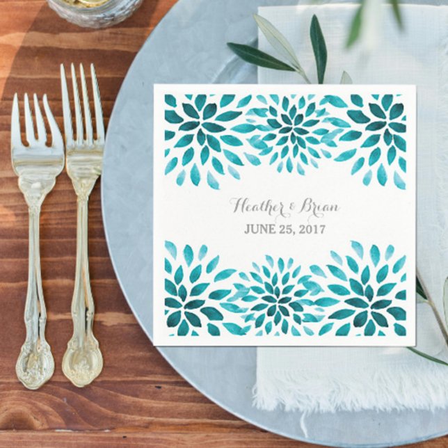 Teal Watercolor Chrysanthemum Paper Napkins (Teal Watercolor Chrysanthemum Wedding Paper Napkins)