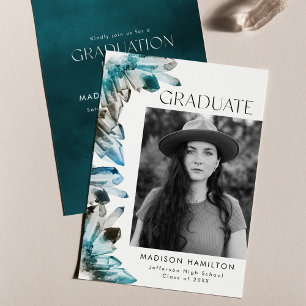 Teal Watercolor Crystal Photo Graduation Party Invitation