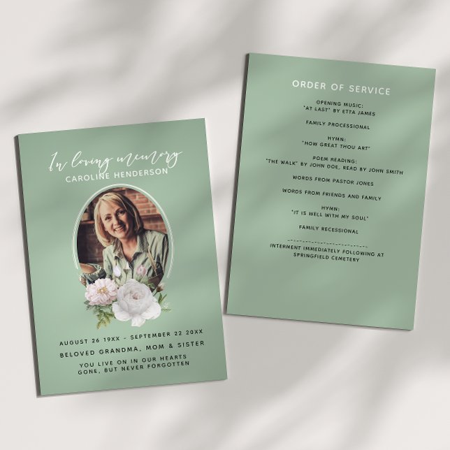 Teal Watercolor Floral Photo 2-Page Funeral Program (Creator Uploaded)